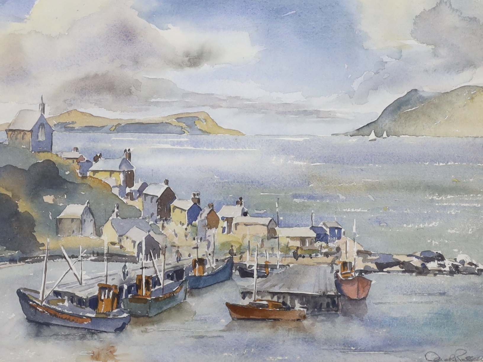 Derek Russell (Contemporary), watercolour, Scottish harbour, signed, 28x37cm